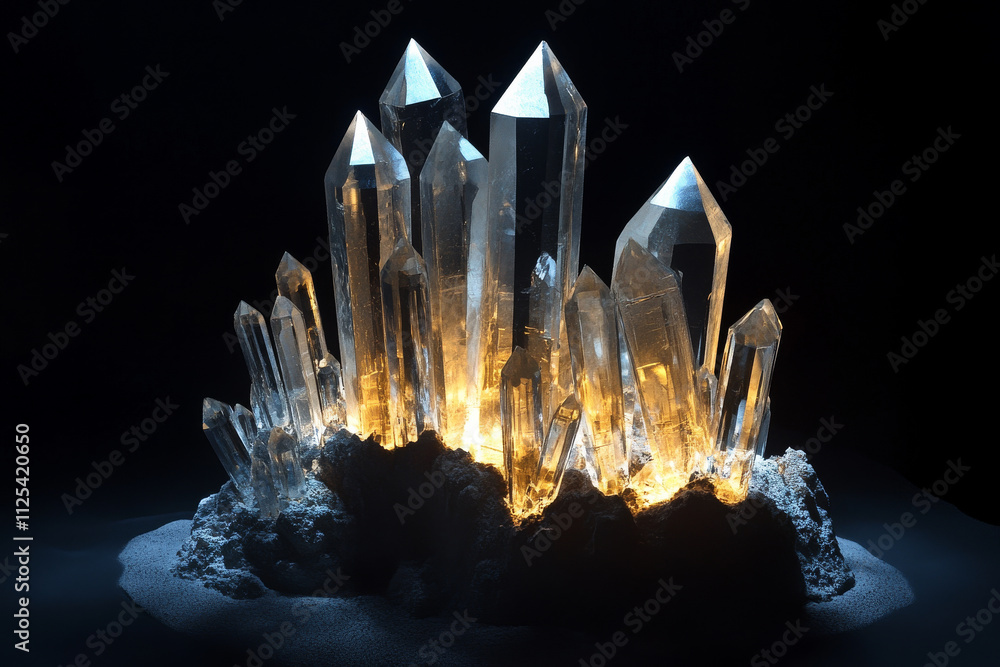 Poster a dark black background with a 3d representation of a crystalline structure, glowing with internal l