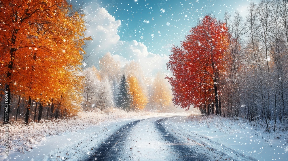 Poster vibrant autumn foliage meets gentle snowfall on a winding road, capturing the magical blend of summe