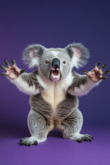 Obraz premium Angry and surprised koala isolated on a purple background, eyes wide and arms raised in surprise.