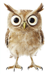 Naklejka premium Angry and surprised owl isolated on a white background, with large, round eyes and feathers fluffed out.