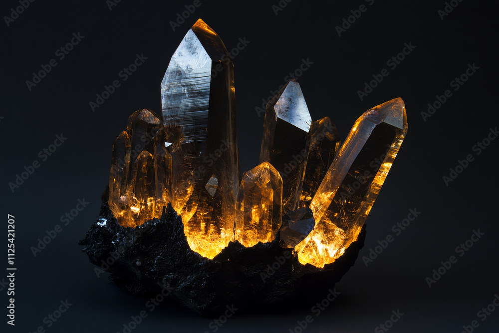 Poster a dark black background with a 3d representation of a crystalline structure, glowing with internal l