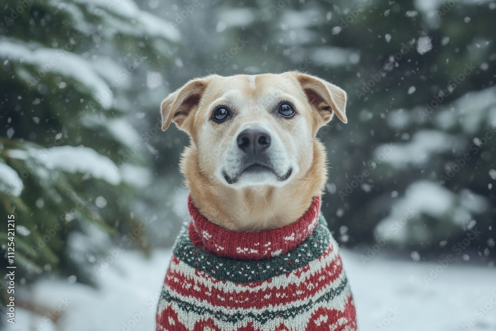 Poster A charming dog dressed in a colorful winter sweater sits happily in front of a snowy backdrop, surrounded by evergreen trees and falling snow. Generative AI