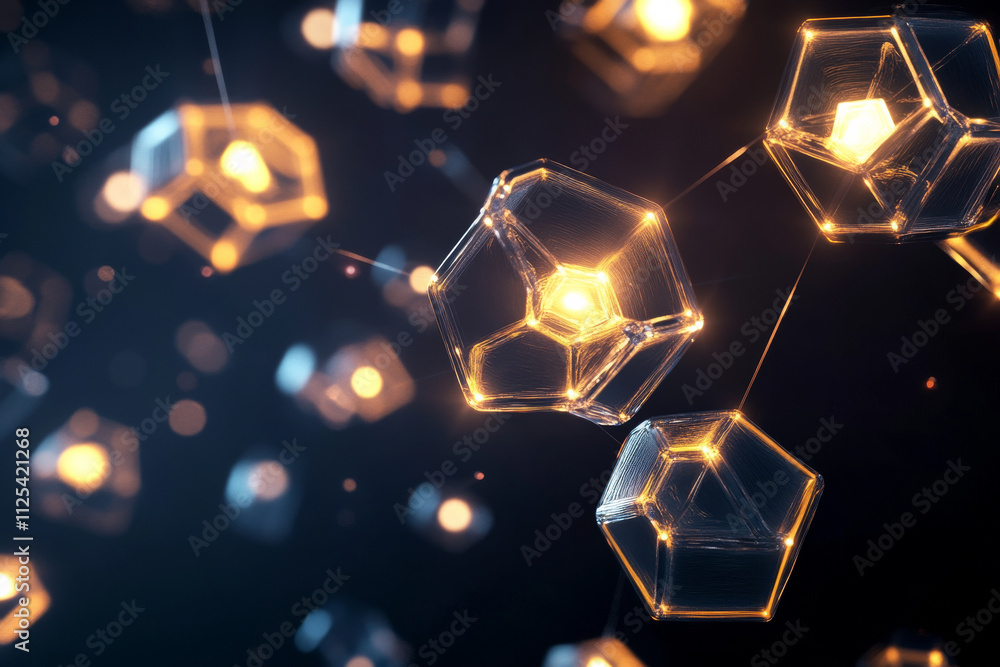 Poster a futuristic 3d pattern of illuminated geometric shapes, floating in space with soft glowing edges, 