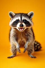 Obraz premium Surprised and angry raccoon isolated on an orange background, with its eyes wide open and tail raised.