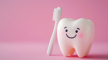 Mock-up healthy white tooth, toothbrush on pink background. The concept of dental clinic, dentistry, healthcare, oral care. Oral hygiene, professional teeth cleaning