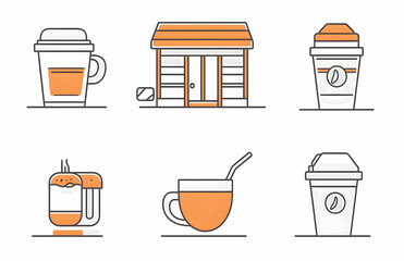 Set of coffee icons featuring a cup and Halva cafe's entrance in flat line art.