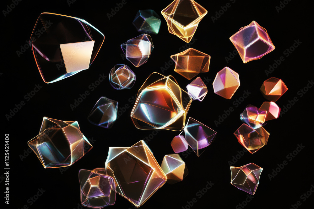 Poster a futuristic 3d pattern of illuminated geometric shapes, floating in space with soft glowing edges, 