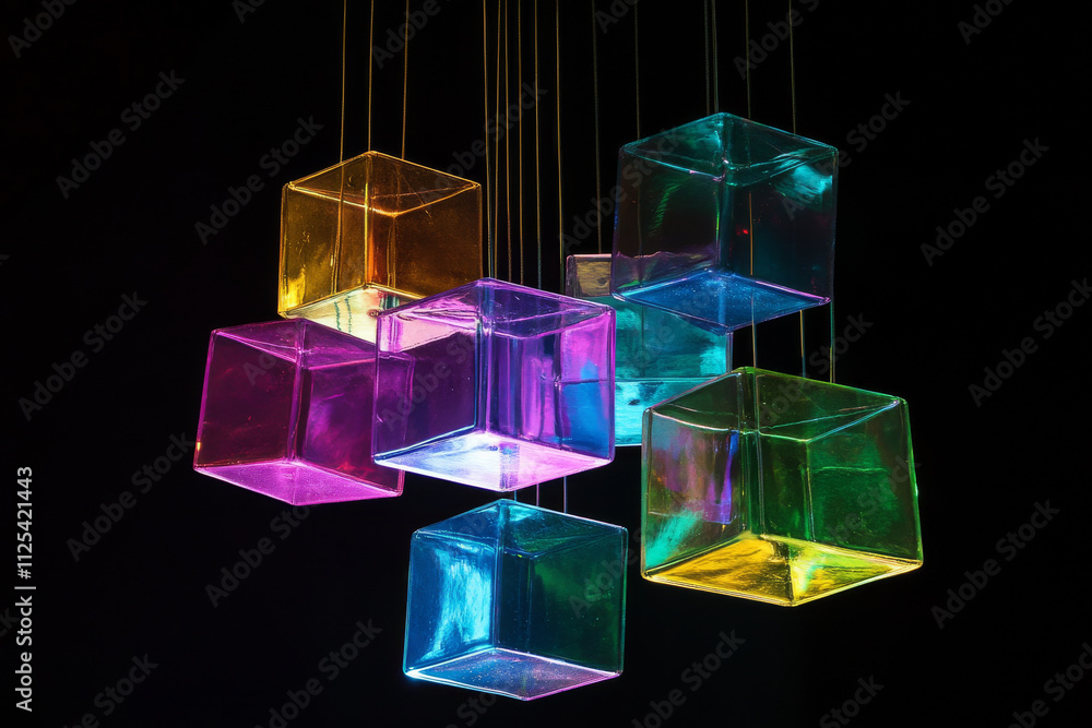Poster a mesmerizing 3d scene with transparent cubes suspended in dark space, glowing from within with vibr