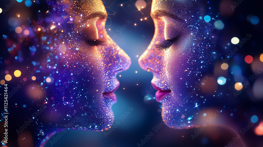 Poster two faces with cosmic patterns interact, highlighting ai's magic in creating mesmerizing visuals