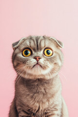 Surprised and angry Scottish Fold cat isolated on a pink background, with its distinctive folded ears and a comically wide-eyed expression.