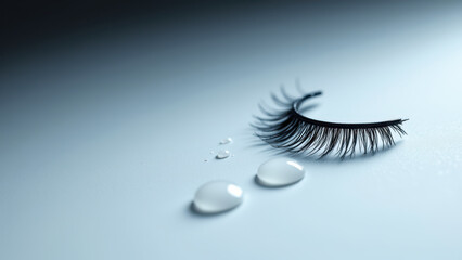 Close-up of a human eyelash cluster with droplets of water on its surface.