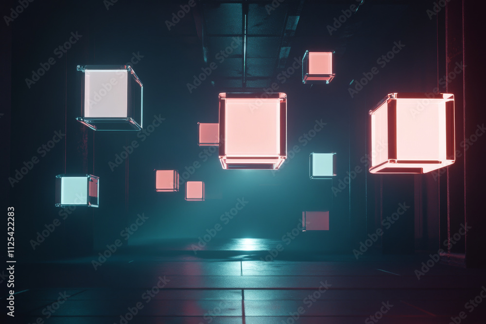 Poster a 3d abstraction of floating translucent cubes with glowing edges, hovering in the air in a dark, em