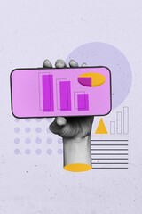 Composite trend artwork sketch image collage of hand hold phone device screen statistics diagram...