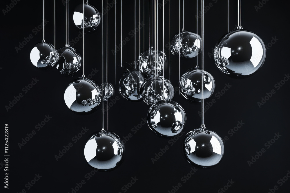 Poster a 3d composition of shiny chrome spheres and abstract shapes suspended in the air with soft lighting