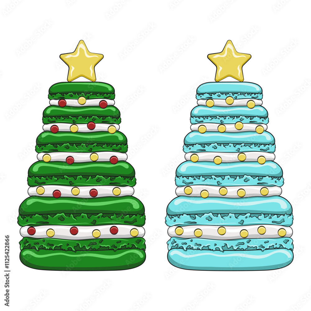 Poster set of color illustrations with christmas tree made of dessert macaroons. isolated vector objects on