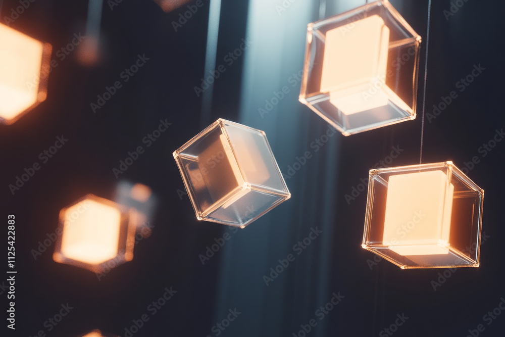 Poster a 3d abstraction of floating translucent cubes with glowing edges, hovering in the air in a dark, em