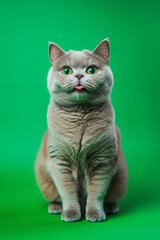 Fototapeta premium Angry and surprised British Shorthair cat isolated on a green background, with its fur standing up and its mouth slightly open in a funny way.