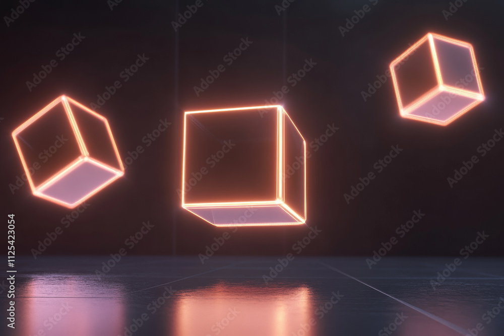 Poster a 3d abstraction of floating translucent cubes with glowing edges, hovering in the air in a dark, em