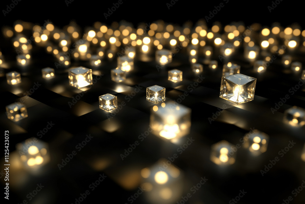 Poster a 3d rendering of shining diamond-like shapes, glowing with light and floating in a black void, crea