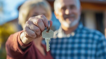 Senior couple holding house keys, smiling, new home.