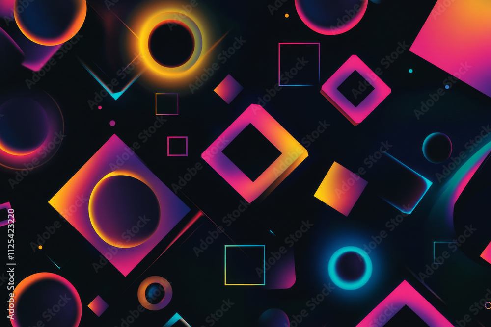 Poster a captivating 3d abstract design with floating squares and circles, glowing in vibrant neon colors a