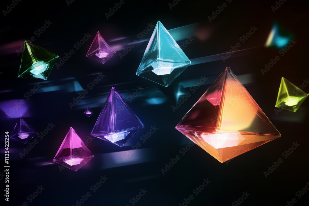 Poster a deep black background with floating 3d triangular prisms glowing with different light effects, cre