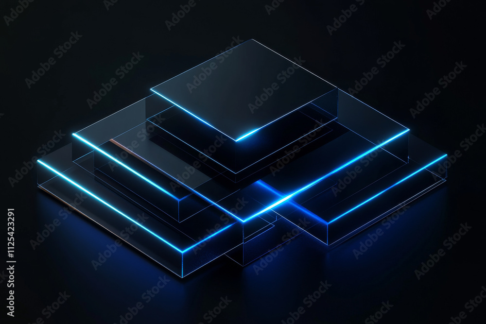 Poster a dark 3d space with floating holographic lines and squares, illuminated by soft neon lights, giving