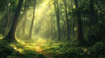 Obraz premium Sunlit path through a lush, mystical forest.
