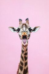 Obraz premium A playful and shocked giraffe isolated on a pink background, eyes wide open and neck stretched out in surprise.