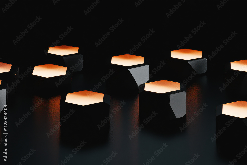 Poster a dark black background with 3d, glowing hexagonal shapes floating in space, casting soft reflection