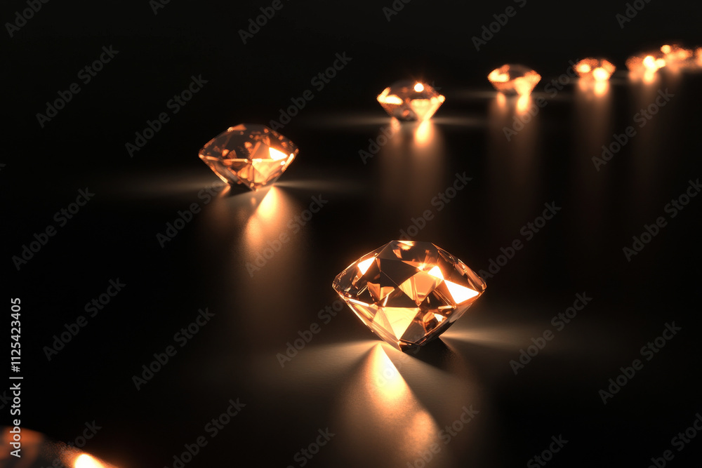 Poster a 3d rendering of shining diamond-like shapes, glowing with light and floating in a black void, crea