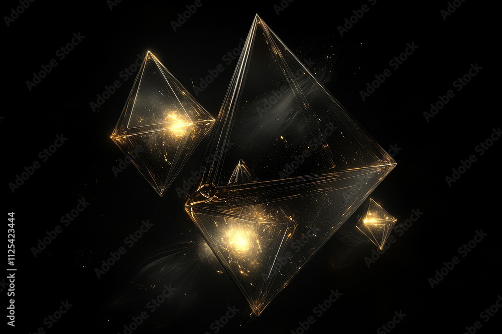 Poster a deep black background with floating 3d triangular prisms glowing with different light effects, cre