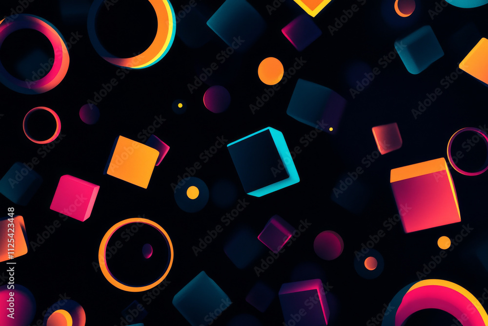 Aufkleber a captivating 3d abstract design with floating squares and circles, glowing in vibrant neon colors a