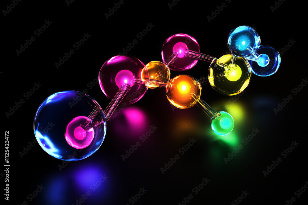 Poster a series of interconnected 3d spheres floating in space, each glowing in a different color, with ref