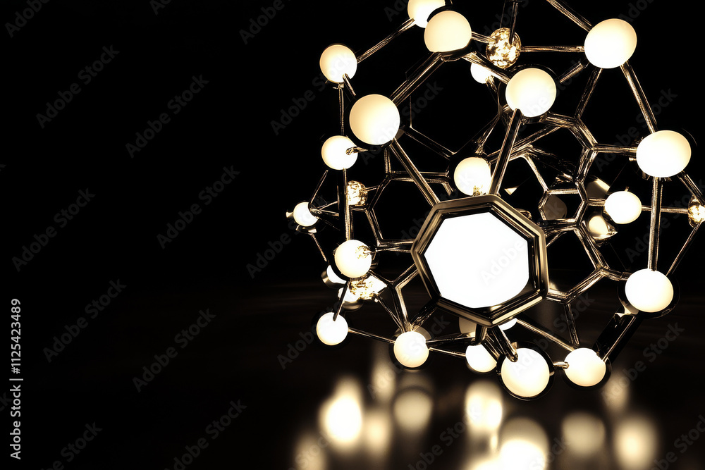 Poster a 3d floating geometric structure of glowing hexagons and spheres, casting soft reflections in a dar