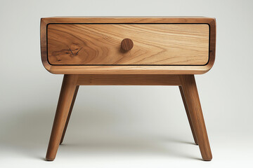 Photographie studio d'une table de chevet minimaliste en bois de ch&ecirc;ne clair avec un tiroir, design &eacute;pur&eacute; sur fond blanc