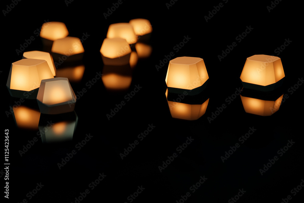 Poster a dark black background with 3d, glowing hexagonal shapes floating in space, casting soft reflection