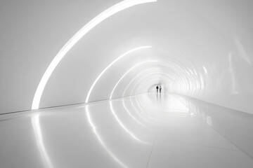 A glowing futuristic tunnel with bright white neon lights, creating a clean and sharp visual, with light reflecting off the floor.