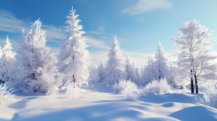 Naklejka premium The idyllic landscape of the white christmas trees in the forest covered with snow, snowdrifts and snowfall against the blue sky on a sunny day in nature, shades of blue. Frosted. Illustration
