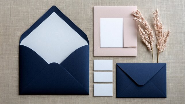 A stylish mockup featuring a modern invitation card suite with navy envelopes, minimalist cards, and dried floral accents, ideal for events