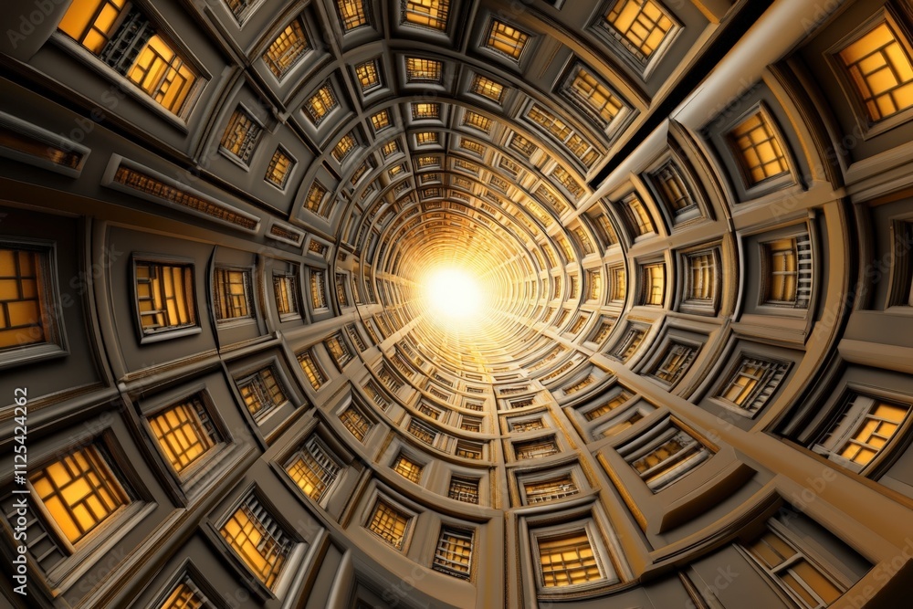 Poster a mesmerizing upward view of a circular architectural structure with glowing windows and a radiant l