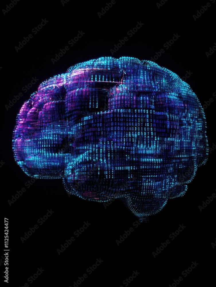 Fototapete a digital brain is constructed from luminous blue and purple grids representing technology, with bin