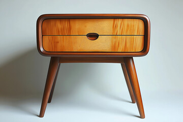 Photographie studio d'une table de chevet minimaliste en bois de ch&ecirc;ne clair avec deux tiroir, design &eacute;pur&eacute; sur fond blanc