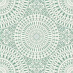 Seamless vector pattern with intricate circle mandala, green on white, textile, scrapbook, packaging
