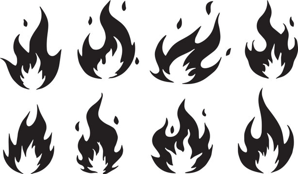 Vector illustration of simple fire silhouette on white background icon vector set. Fire flame symbol. Flame icon collection