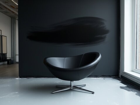 A modern black chair sits in a minimalistic interior with an unfinished black wall being painted