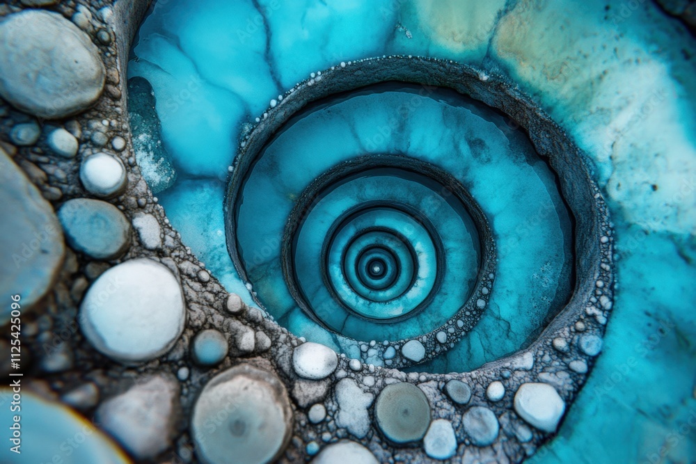 Poster abstract spiral pattern in vibrant blue tones resembling a tunnel with circular textures. the design