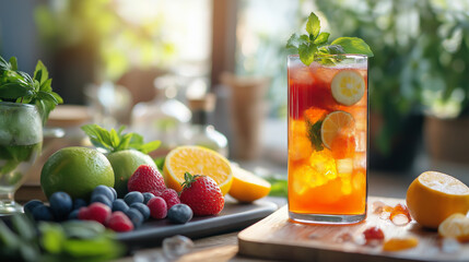 A vibrant display of non-alcoholic drink recipes featuring a colorful beverage garnished with fruits and surrounded by fresh ingredients