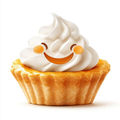 Joyful cupcake with a smiling face and creamy swirl atop a golden brown shell, radiating happiness and delight.