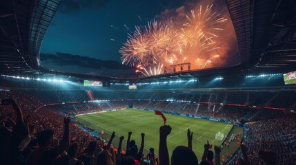 Thrilling Soccer Match Finale with Fireworks and Cheering Fans